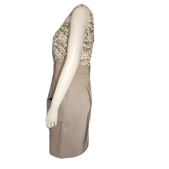 CONNECTED APPAREL Tan White Floral Lace Detail Sleeveless Dress Womens Size 6 - Picture 3 of 8